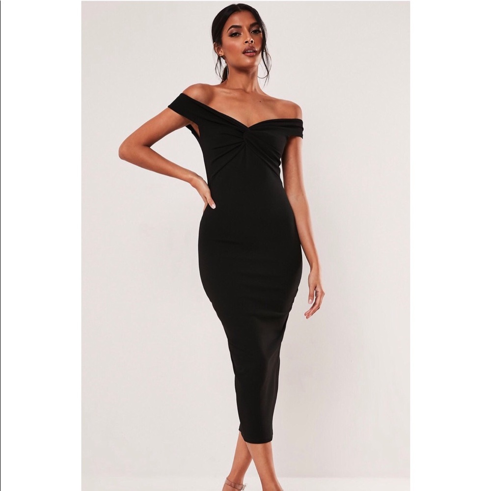 NEW Black bardot twist detail midi dress